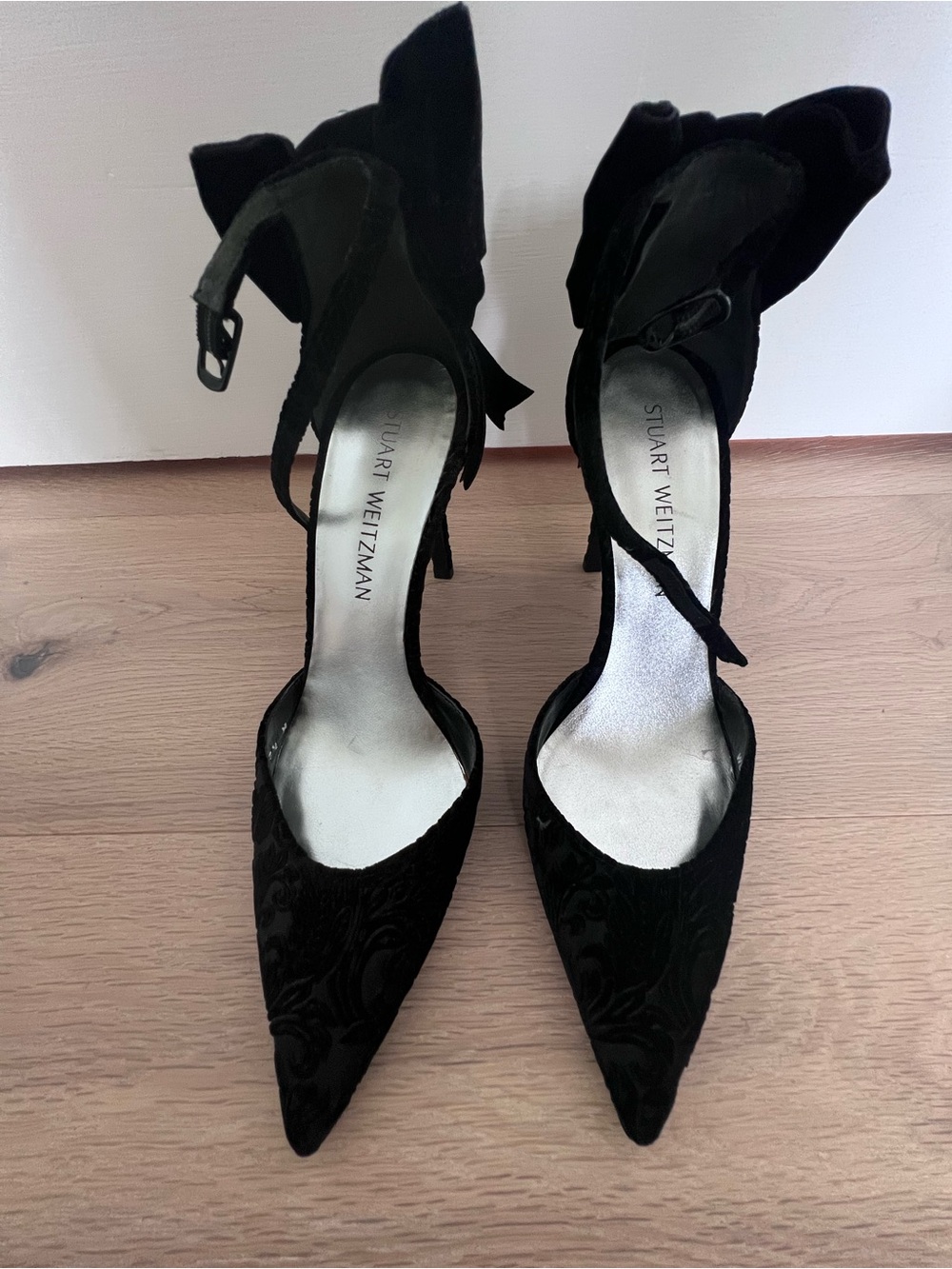 Stuart Weitzman Black Velvet Pointed-Toe Ankle Strap Heels